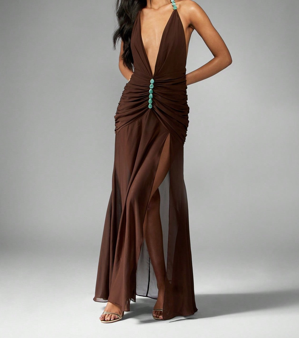 Rüschen-Chiffon-Maxi-Kleid mit Stein-Details