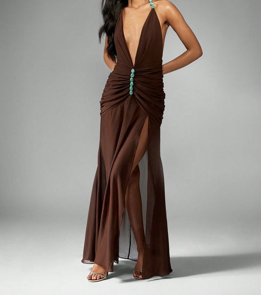 Rüschen-Chiffon-Maxi-Kleid mit Stein-Details