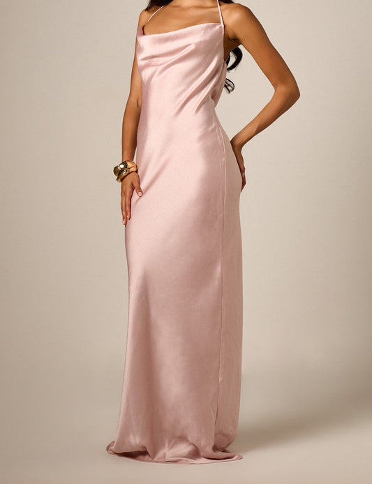 Cowl-Neck-Satin-Slip-Maxi-Bluse mit Halterbändern, offener Rücken, elegante Bodenlänge,