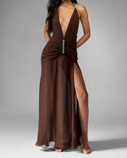 Rüschen-Chiffon-Maxi-Kleid mit Stein-Details