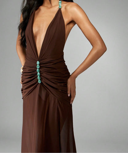 Rüschen-Chiffon-Maxi-Kleid mit Stein-Details