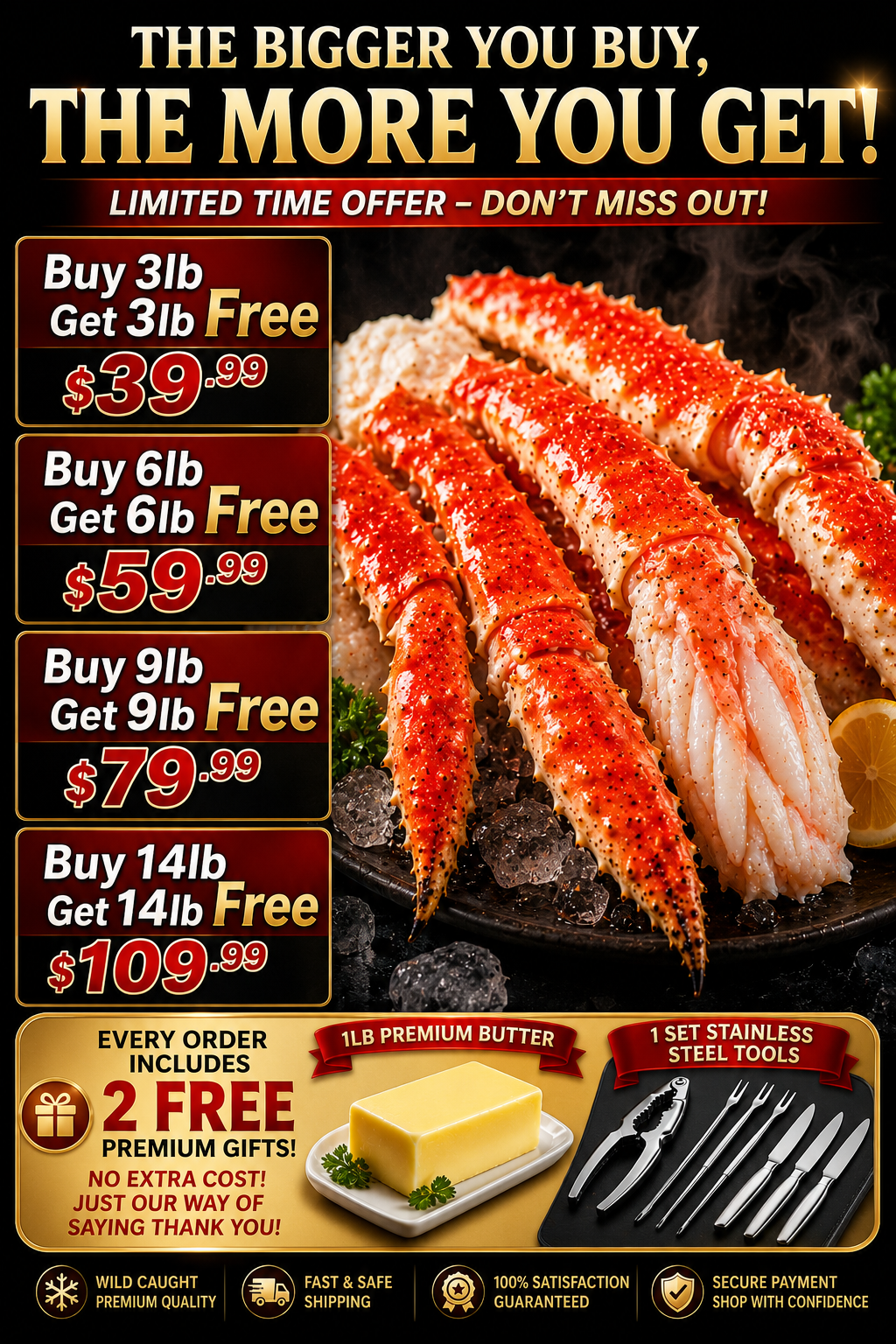 🔥 Alaskan King Crab Legs 🦀 Buy 1 Get 1 Free + Free Butter & Crab Tools